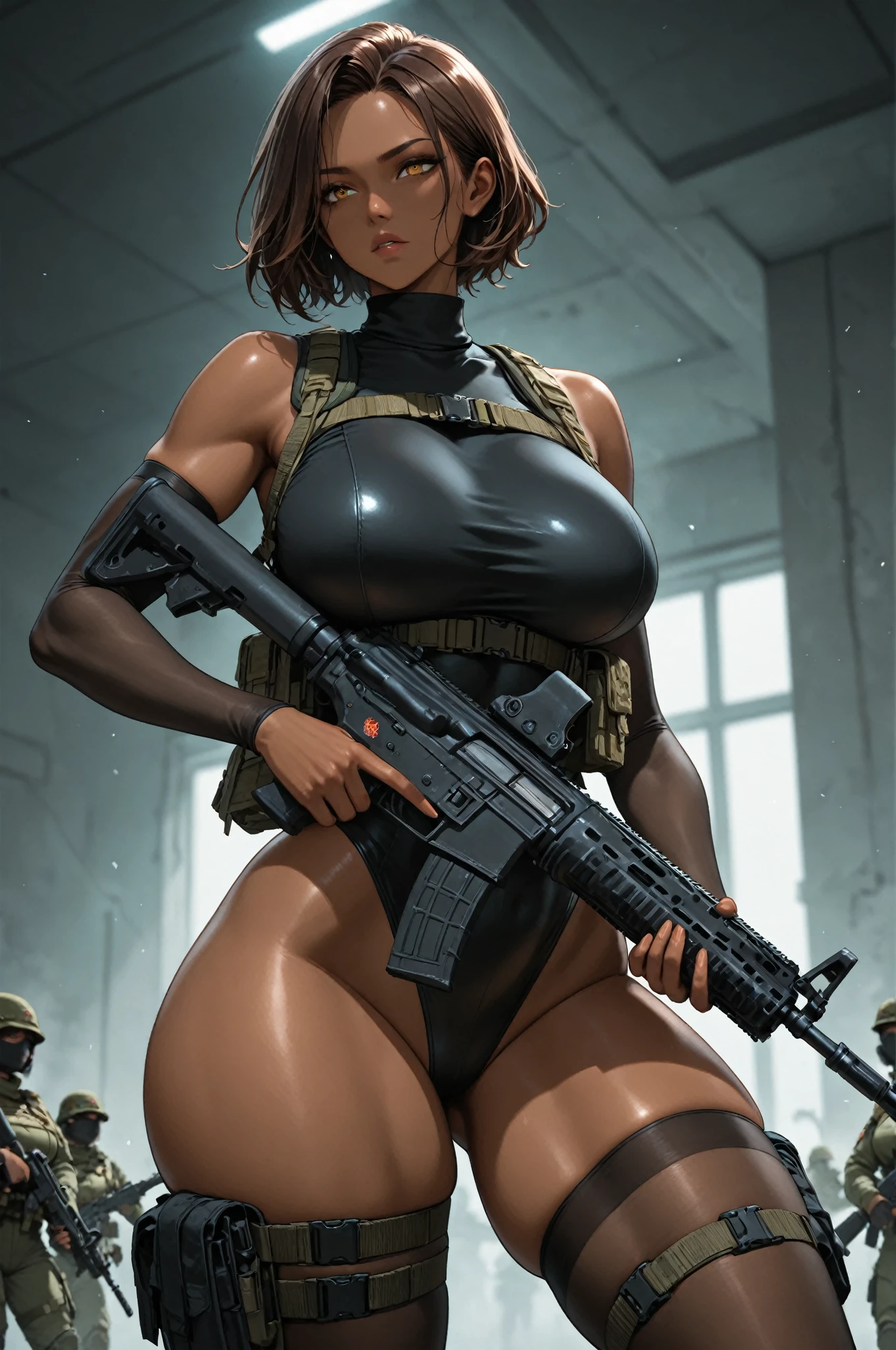 There is a sexy chubby woman holding a sniper and her 1 foot is in the object then the gun is in her lap and she is standing make it animated make it like she is shooting someone 