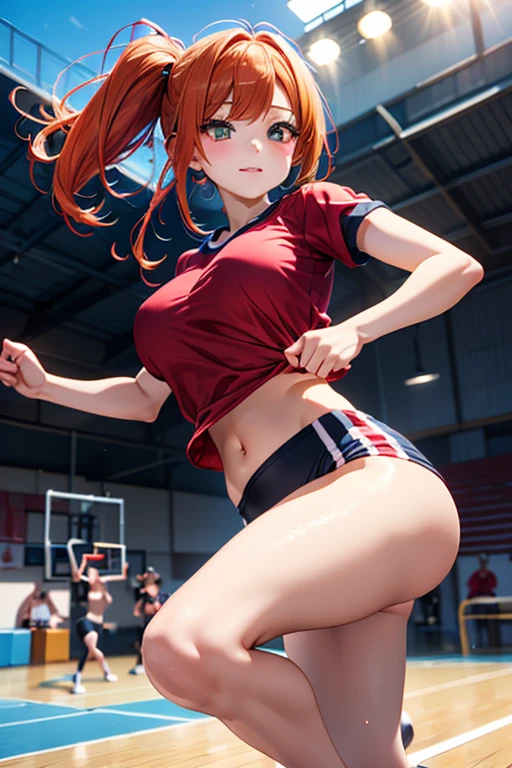 ((1 female)), charm, sexy, Mature Body, virile, Small Ass, joy, Excited, Sweat, Cheerleader, Fine and beautiful eyes, Beautiful lip detail, Highly detailed eyes and face, Long eyelashes, Calm expression, ((Full body view:1.2)) Soft lighting, Open atmosphere, Stadium, Sweatを流して.