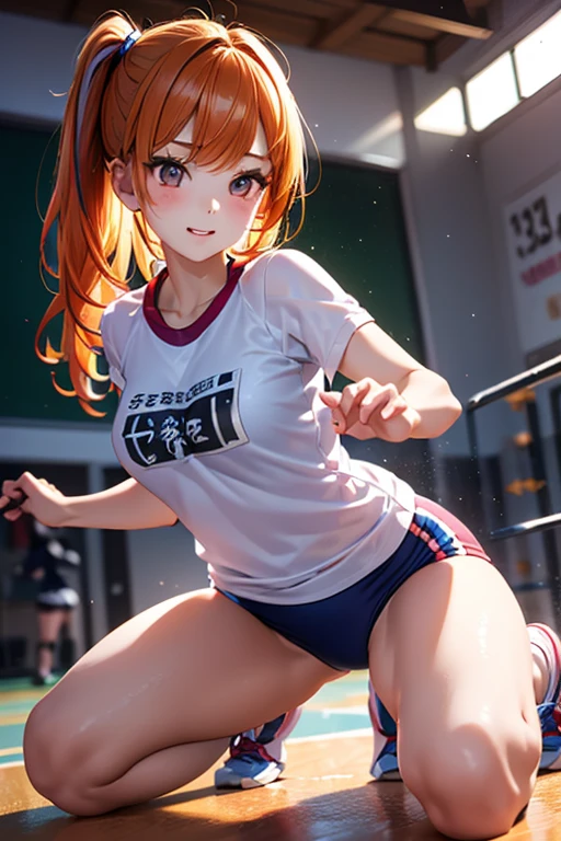 Aerobics Style of the 2000s、sneakers、Detailed picture、girl、25-year-old woman、Dynamic and lively pose、Crotch line、Erect nipples