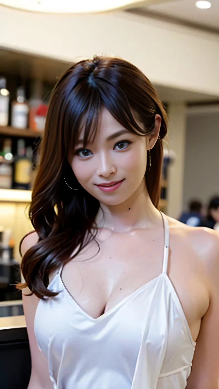 (((完璧な解剖学に基づいた四肢の詳細な描写によるPerfect hands足とbody))),4K shooting captures the essence of movement,(Glossy white skin:1.5),Realistic and photo-realistic photos,(masterpiece:1.5),Concept Art,Intricate details,Highly detailed and realistic,Octane Rendering,4K,Real Engine,A pleasing pose with head tilted, shoulders shrugged and smiling, Highest quality,High resolution,(Realistic Face:1.1),(Elegant Manners:1.1), ((full_body)),Expressing the beauty that emanates from the whole body,Slim and muscular body,(Glowing Skin:1.2),(((One-leg, body-conscious sleeveless one-piece dress))),(((Perfect hands))),(Highly detailed background),((Calm atmosphere)),((A seductive adult woman serving customers at the counter of a long-established bar,He puts his hands on the counter and looks at the customer.)),4K upper body shot while standing,(((The inside of the store is dimly lit,Creates a mature atmosphere,A small downlight softly illuminates the counter.))),((Amazing beauty condensed into one woman)),((Beautiful eyes full of light,High quality eyes,High quality face)),(((god々しいギリシャgod話に出てきそうなサテン生地の単色のピタピタカクテルワンピースドレス))),(Necklaces and earrings go well with bangles and stiletto heels.),(((There are many expensive looking bottles of alcohol lined up on the high shelves behind the bartender.))),(Delicious looking water split),Her long chestnut-colored hair sways with her movements.,((Dramatic beauty)),Beautiful bokeh with deep depth of field,4K,Gothic,4K Digital SLR Camera,Fujifilm XT3 Style,(Saiharu Body),(Delicate eyes and face),Professional perspective,Amazing details,Beauty condensed into one girl,繊細でHigh noseを持つ美しい顔,High nose, Clear sky-blue eyes that praise the light, Glossy Red Lips, light makeup,