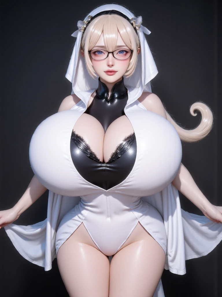 huge tit, Simple background, skin tight, cuteexpression ，Masterpiece,(Best quality,(Shiny skin),realisticlying，kneeling down，legs separated，spreads her legs apart，Silver glasses，busty figure，Place your hands next to your face，near，Smile Expression，White transparent lace bikini，areola of breast，Exposure to sexual organs，The lower body is heavily exposed，The upper body is severely exposed，Wedding dresses