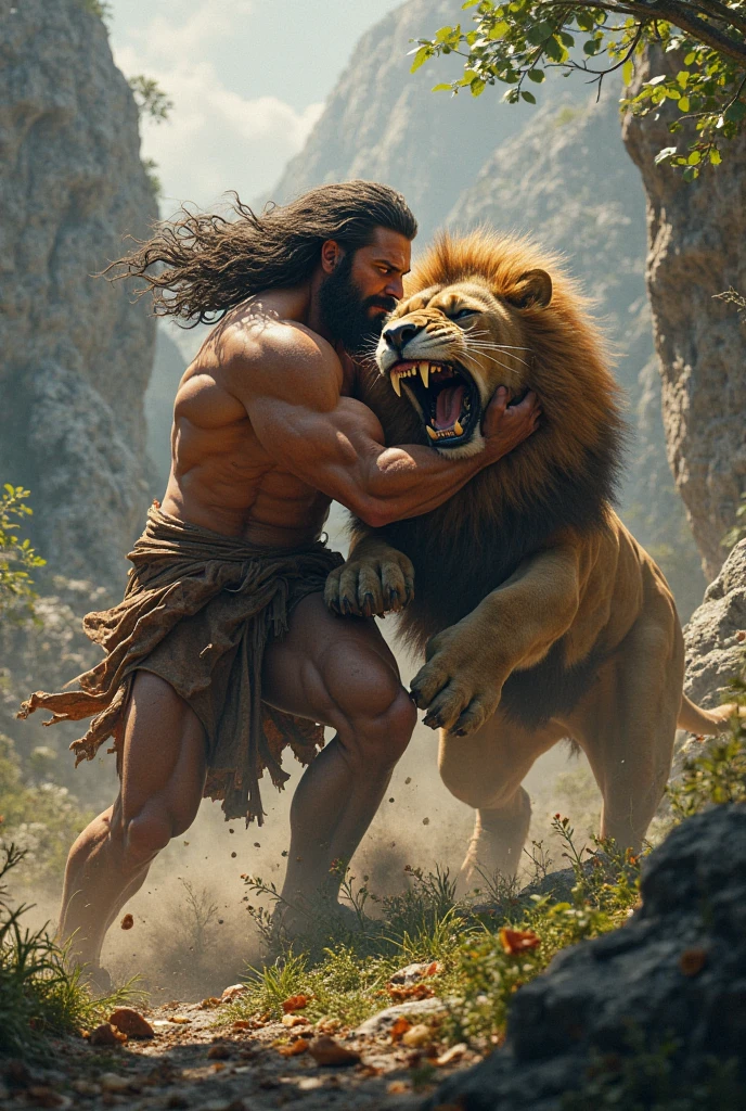 Depict Samson from the Bible as a towering, muscular figure with long, flowing hair cascading down his back, symbolizing his divine strength. He is in the wilderness, mid-battle with a ferocious lion. Samson is gripping the lion's jaws with his bare hands, his muscles bulging with immense power as he forces the beast apart. His expression is fierce and focused, capturing the raw intensity of the moment. The lion is mid-roar, with eyes wide in fear and pain. The background features a rugged, rocky landscape under a dramatic sky, adding to the intensity of the scene. The atmosphere is charged with energy, highlighting the epic struggle between man and beast and showcasing Samson's extraordinary strength and divine purpose. (RAW photo:1.2), ((photorealistic:1.4), (masterpiece:1.3), (best quality:1.4)), ultra high res, (detailed facial features), (detailed clothes features), HDR, 8k resolution, (shiny skin), (extreme detailed illustration), 1man, full body, stand, no Beard.