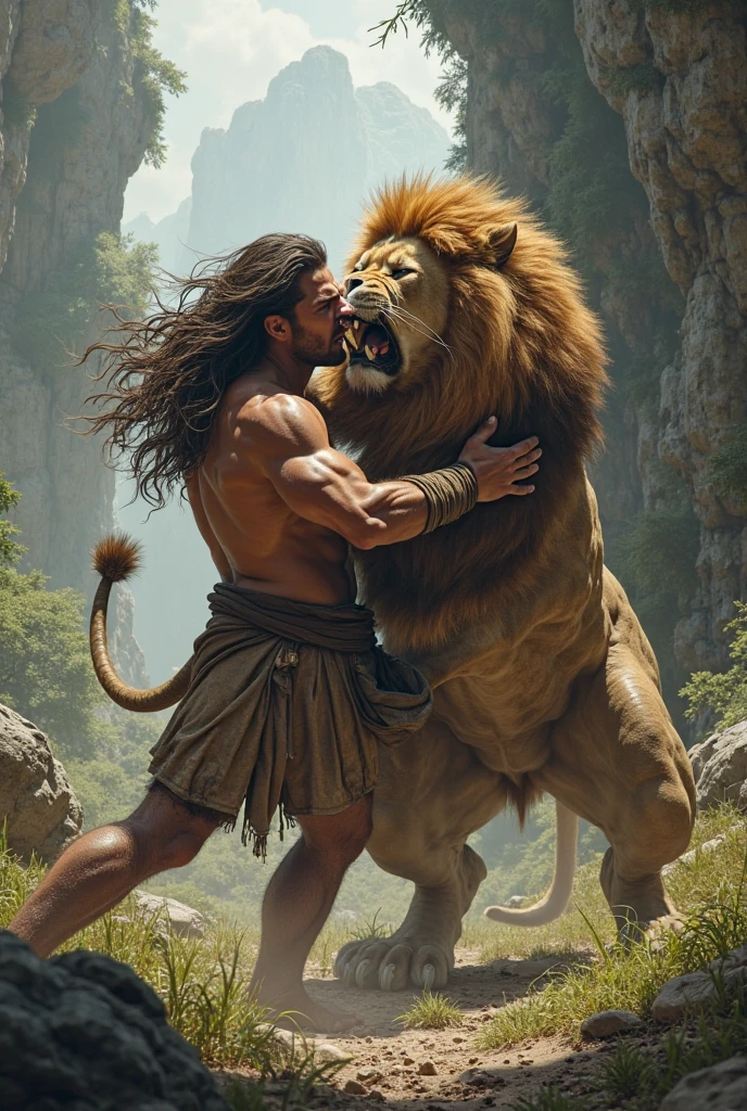 A warrior put his hand in the mouth of a lion and then spread the lion's paw on his face. As soon as the forest passed, blood came out from the warrior's hand.
