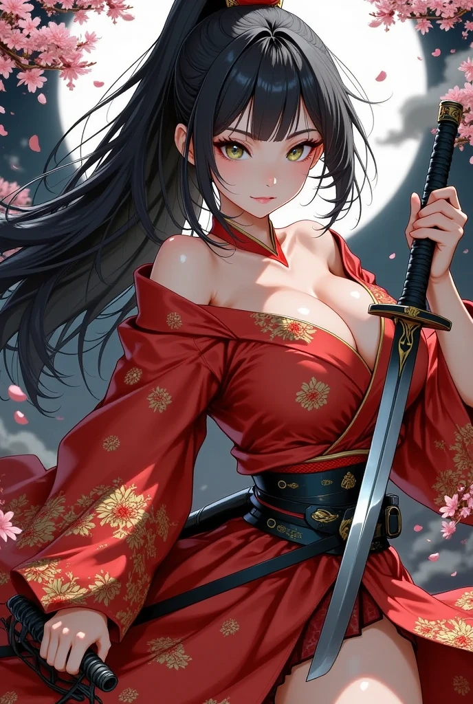 Red kimono open shoulders open legs beautiful breasts stockings black background red rose petals lace samurai sword wind top down view