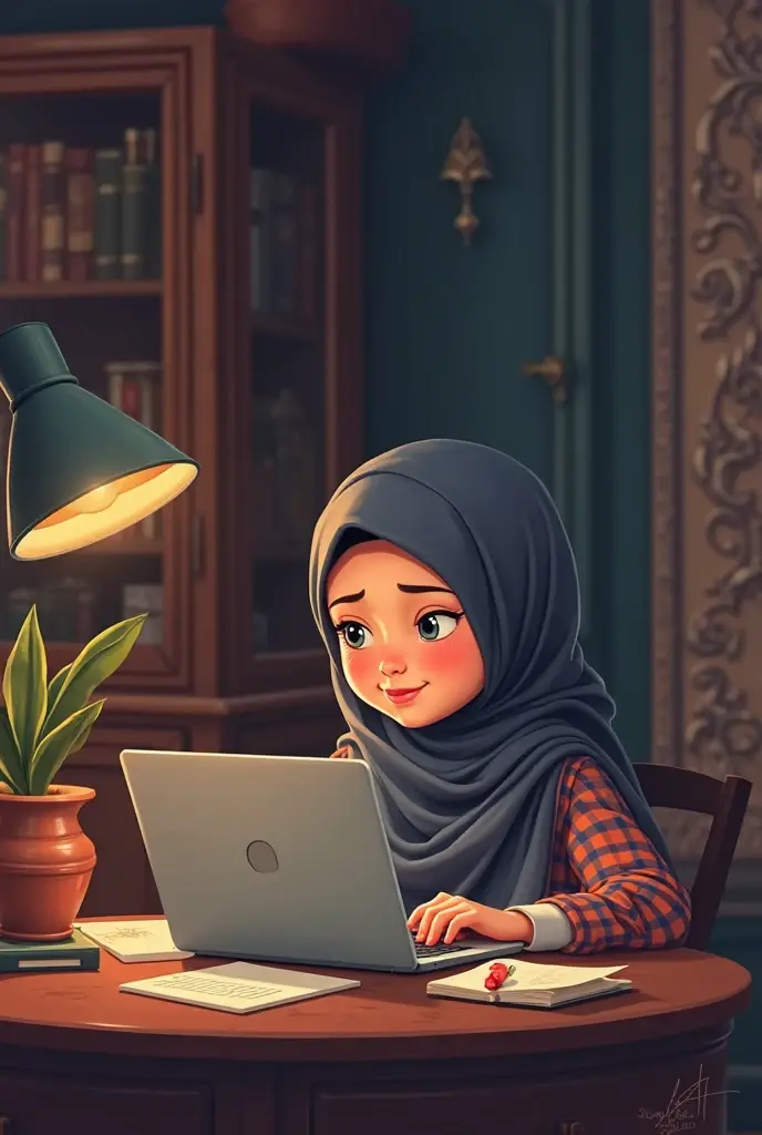 Hijabi without hair showing classy cute anime who is working hard on laptop