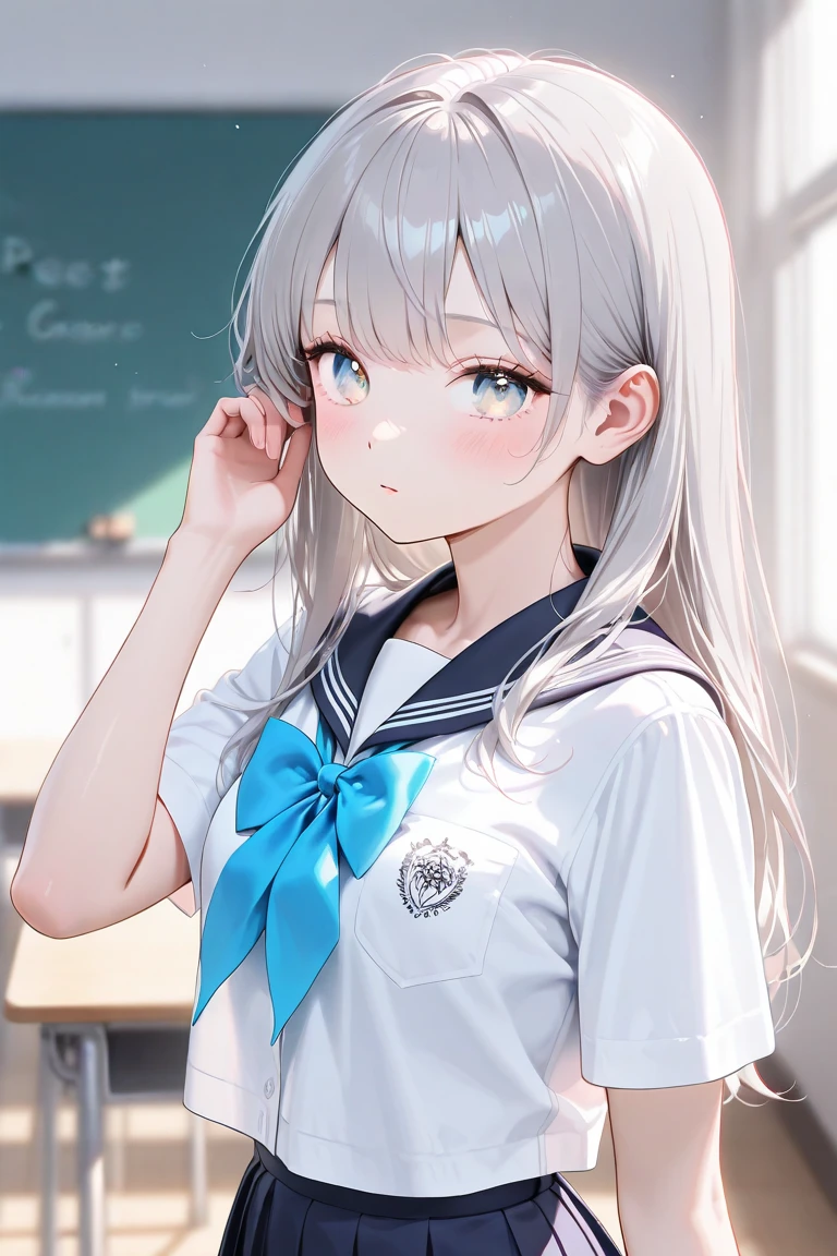 A masterpiece、beste-Quality、Ultra-detailded、Realstic、hyper detailled、(perfect anatomy)、1girl、solo、blue eyes、slender body、((small tits))、((small buttocks))、Embarrassed blush、gleaming skin、(transparent polyvinylidene chloride)、(((Sheer)))、((see-through wet school uniform))