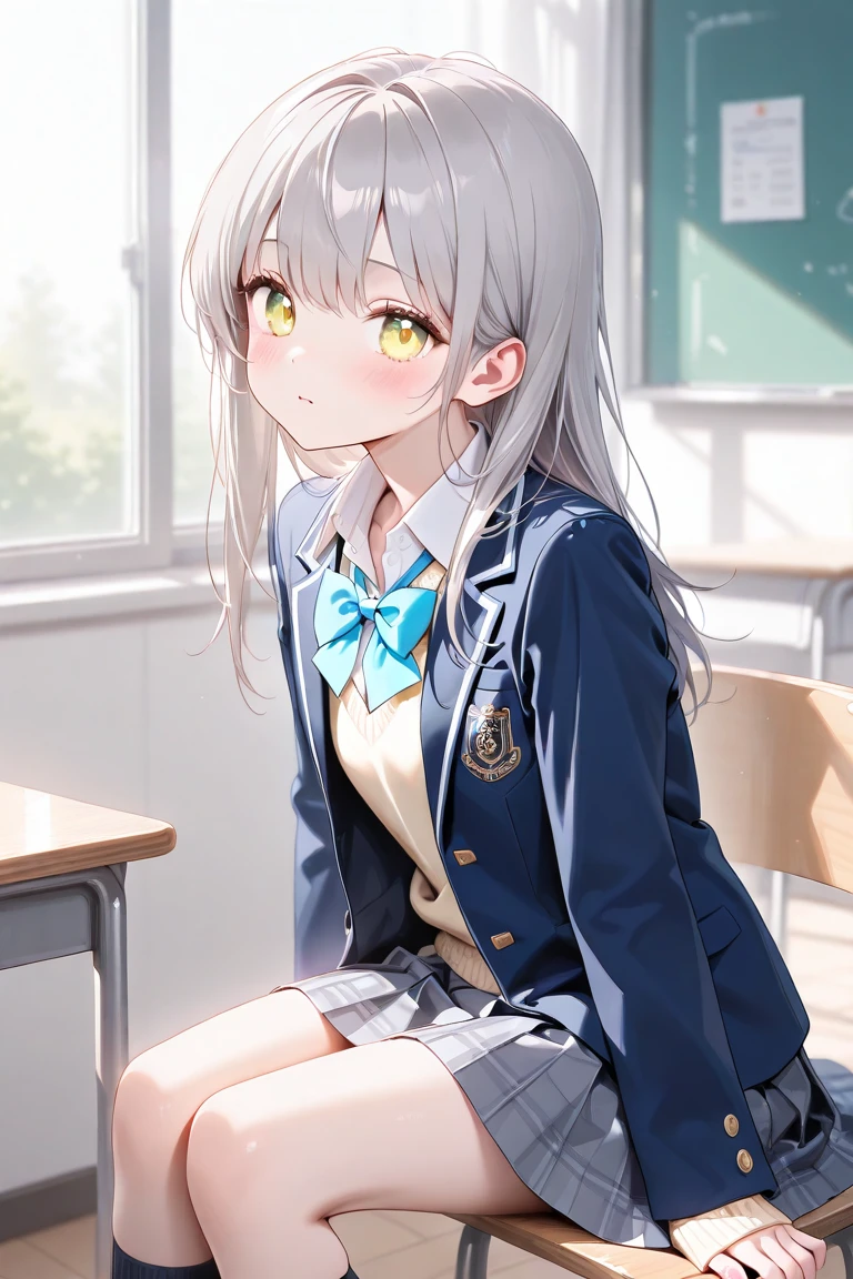 index, index, (green eyes:1.5), silver hair, long hair, (flat chest:1.2),happy smile, smile, open your mouth,White Y-shirt,yellow blazer,black pleated skirt,black pantyhose,brown loafers,sitting cross-legged on a chair,There is a textbook on the desk,daytime,
break looking at viewer, Upper body, whole body,
break indoors, School classroom,
break (masterpiece:1.2), highest quality, High resolution, unity 8k wallpaper, (figure:0.8), (detailed and beautiful eyes:1.6), highly detailed face, perfect lighting, Very detailed CG, (perfect hands, perfect anatomy),