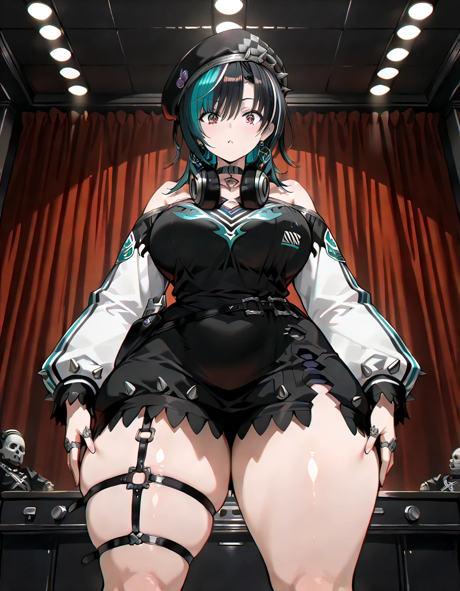 Anime Kawaii sexy Perfect Slim sensual body large breast and huge thighs, An intricate and highly detailed illustration of anime (Young girl). masutepiece, Best Quality, absurderes, Perfect Anatomy, 1girl in, Solo, Yoko Katori, Long hair, purple thighhighs, elbow groves, Purple gloves, Black shorts, uniform, thigh holster, Kneeling, embarassed expression、((Chained))、((thigh high boots))、((gargantilha))、((A chain is wrapped around his arm))