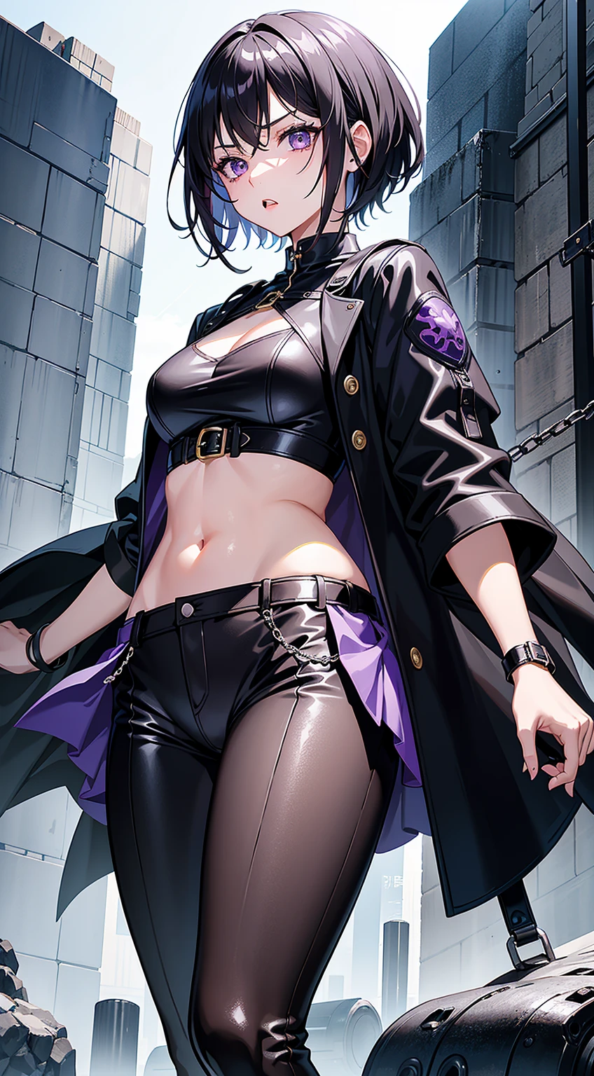 (best quality, 8k, high definition, ultra detailed, photorealistic:1.37), anime style, masterpiece, unity wallpaper, bikini violet, violet eyes, short hair, perfect anatomy, detailed faces, black jacket, short skirt, view of a palace at night.