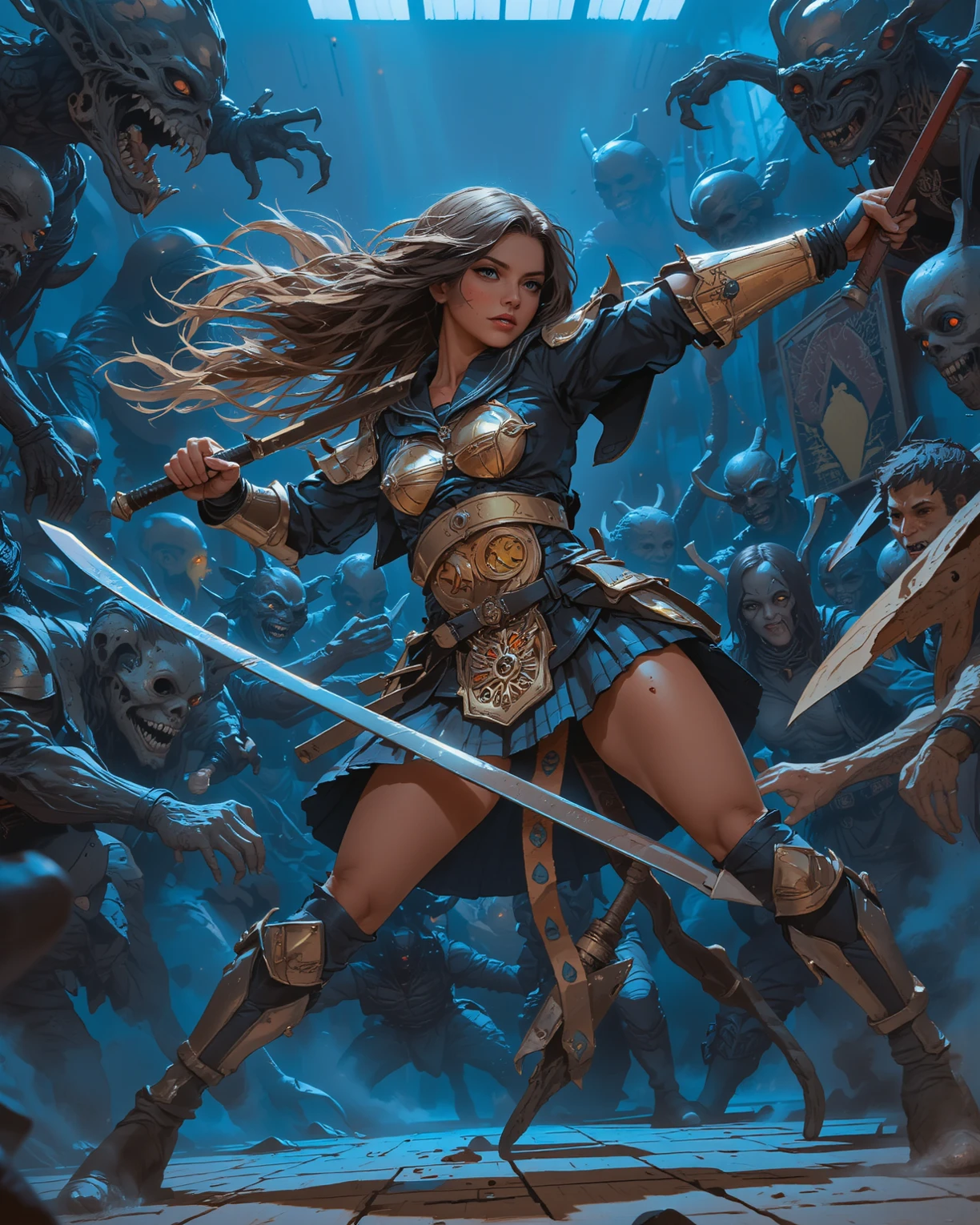 (((mulher))), (((melhor qualidade))), (((obra prima))), (((adulto))), Uma guerreira mulher de 35 anos com corpo perfeito, Gladiadores do Brooklyn, (( sob os peitos )), quase nua no estilo selvagem urbano de Simon Bisley para a capa da revista Heavy Metal, cabelo loiro, Minimum clothing, Dark blue with white stars and red and white checkerboard pattern, armadura, cheio de pontas e rebites, tatuagem tribal, (((do joelho pra cima))), cabelo desalinhado