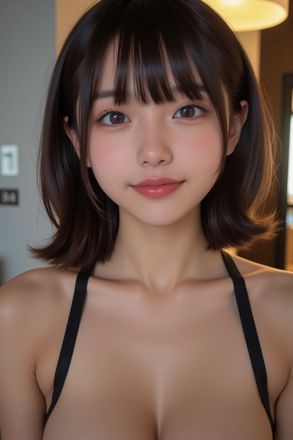 (top quality, 8k, masterpiece: 1.3), pretty woman with perfect figure: 1.4, dark brown hair, big, wearing pendants, torn shorts, sleeping in bedroom, very detailed face and skin, detailed eyes, double eyelids, top quality, masterpiece, (photorealistic: 1.4), one woman, golden ratio, high angle shot, upper eye care, low angle shot, perfect face, beautiful figure, cute face, face close-up, zoom in on face, short bob, short hair, smile from different angles, smile, gloss, highlight, gloss, glossy on skin, glossy on skin, wet skin, wet, bangs, cute smile, bust, off-shoulder, refreshing charm, elegant, perfect hands, smile from angle, smile, shiny, highlight, glossy skin, bangs, bust, big, Warm off-shoulder, refreshing charm, ears out, gaze to the camera, poses at different angles
