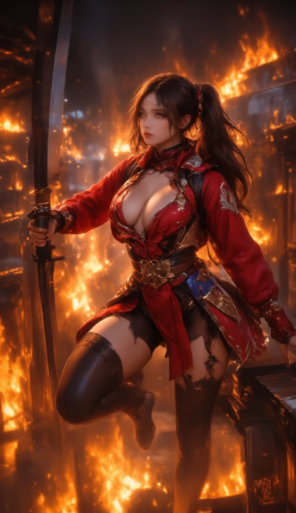 (best quality,ultra-detalhado),(Realistic:1.37),Tifa Lockhart, (big chest:1.4), sexy dress, revealing dress, Rosto bonito e detalhado, maquiagem preta nos olhos, textura ultra realista, rosto delicado, expression serious, (full body shot:1.2), (sharp focus), detailed face,