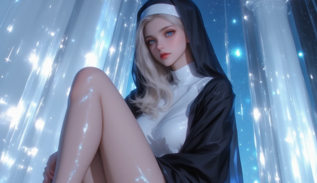 (best quality, 8k, highres, photorealistic:2.0), (solo, one girl:2.0),(lighting: front),(lighting: strong),(Russian Beauty:2.0),(very muscular girl:1.5),(bodybuilder girl:1.5),(shiny skin:1.5),(oily skin:1.5),(platinum blonde hair:1.5),(raise both arms behind your head:1.5),(((medium skirt long sleeve nun wearing tight clothes:1.5))),(wearing white panties:1.3),Blush brown makeup , dark eye makeup , use pink glossy lipstick, wearing a cross necklace,(amazing orgasm:1.8),(intense ecstasy:1.8),((Lie on your back on a clean bed and lean on a large pillow.)),(Open your legs as far as you can and bend them:1.5),((she is absentminded:1.5))
