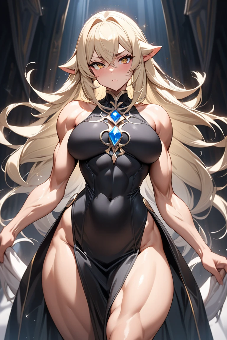 Very detailed、highest quality、Best image quality、masterpiece、8k、Anime Face、(A kind smile:1.3)、(Open your mouth:1.3)、Sparkling blue eyes、(Blonde semi-long hair:1.5)、(Muscles of the whole body:1.3)、(High leg:2.0)、Thigh belt、(カルバンクラインのHigh leg:1.7)、(Upper Body:1.5)、(SFW Giant)、(Thick body:1.3)