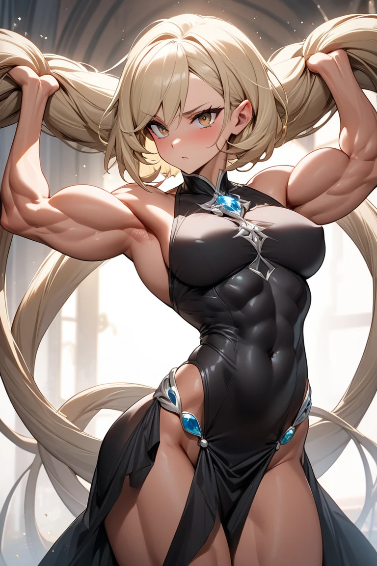 sensual, ((long blonde curly hair)), thick thighs, 8k, 4k, highest quality, High resolution:1.2), cute anime face, noise reduction, ((shining blue eyes, gentle smile, kind eyes))、toned abdominal muscles, muscular arms, muscular legs, young face, anime eyes, (((big breasts、A chest that is about to burst)))、(((bondage style)))、(((Rear view、I'I'll turn around、emphasize the buttocks、T-back that digs into your butt)))、(((white string)))
