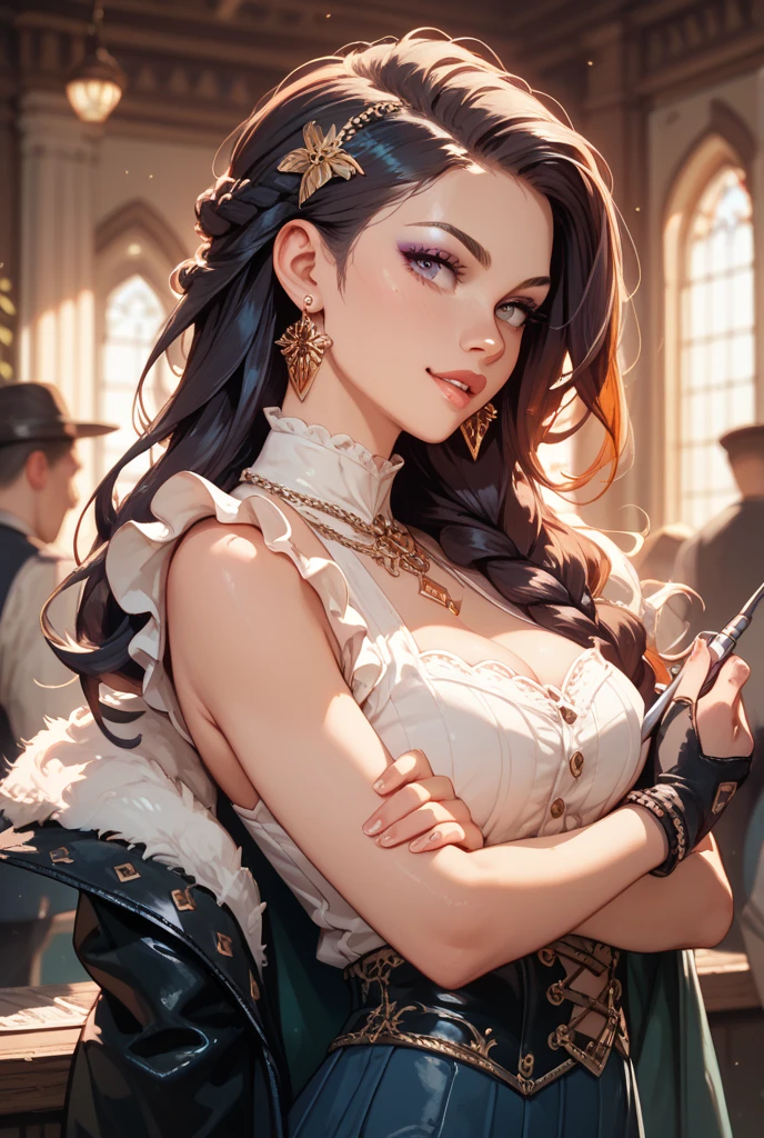 Beautiful Young Woman, 20 Years Old, Old West School Teacher, Full Lips, Auburn Hair Intricately But Loosely Braided. Deep_cleavage, Massive Chest. Detailed Beautiful Eyes, Pencil-Thin Waist, Wide Hips. Historically Accurate 1870s Old-West Frontier Dress. With Books. Sad, Blushing, HourGlass Figure, Official Art, Award Winning Digital Painting, Digital Illustration, Extreme Detail, 4k, Ultra Hd, Rococo, Polished, Intricate, Realistic Fantasy Art, Sharp Focus, Concept Art, Art By Wlop, Artgerm, (2d Vector Illustration) Laura Vandervoort, (small breast:1.4)
