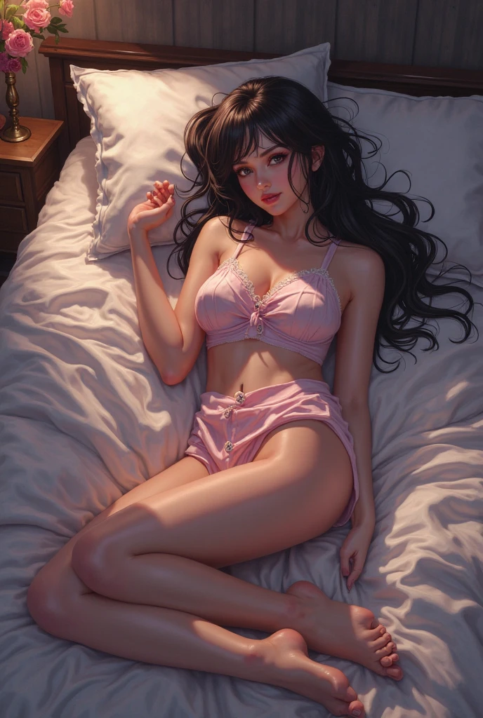 Genikko, a Japanese game character, is lying down with her legs spread apart.