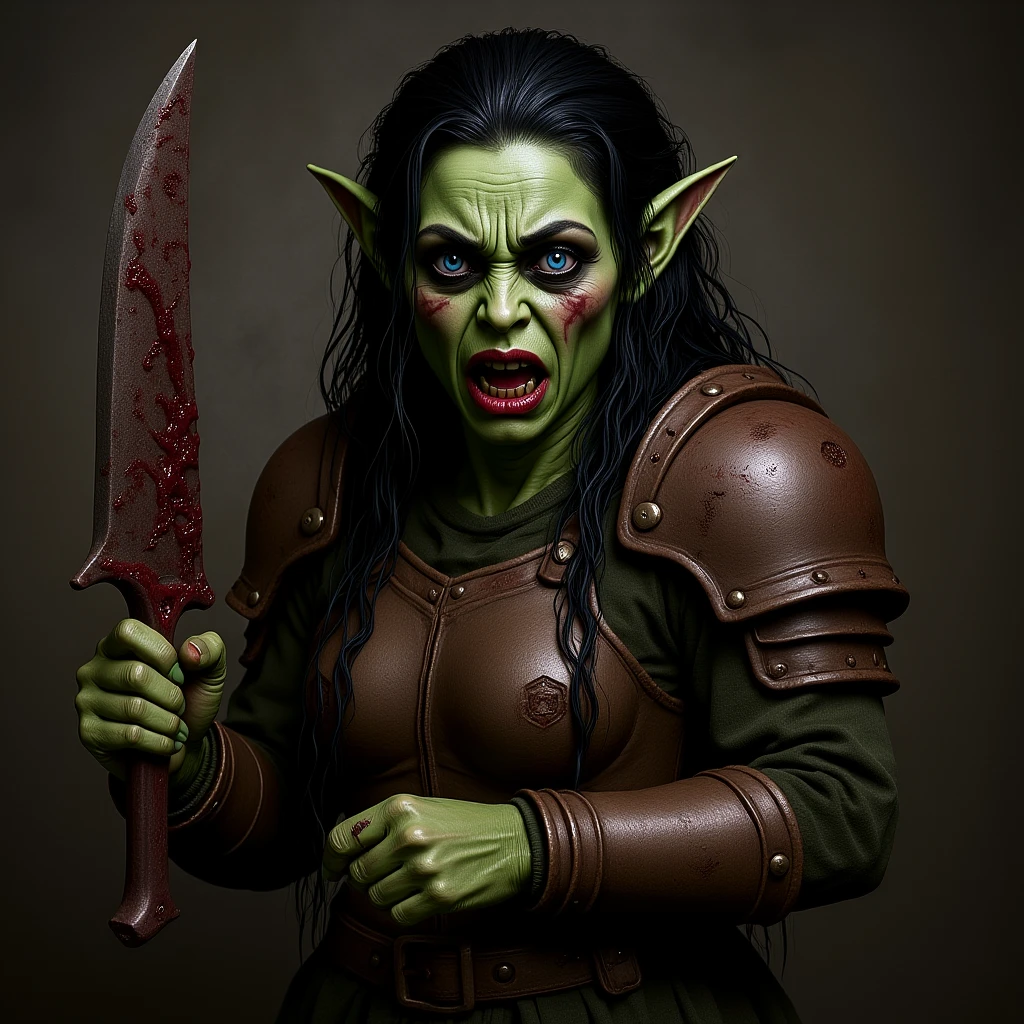 Masterpiece, Best Quality, Official Art, 8k Wallpaper, Very Detailed, Illustration, (orc young queen), dirty skin, Long Hair, Detailed Eyes, sharp fangs, Bare Shoulders, armor, Lake, Pure, Soft Smile, old castle, (deep scar with drops of blood)