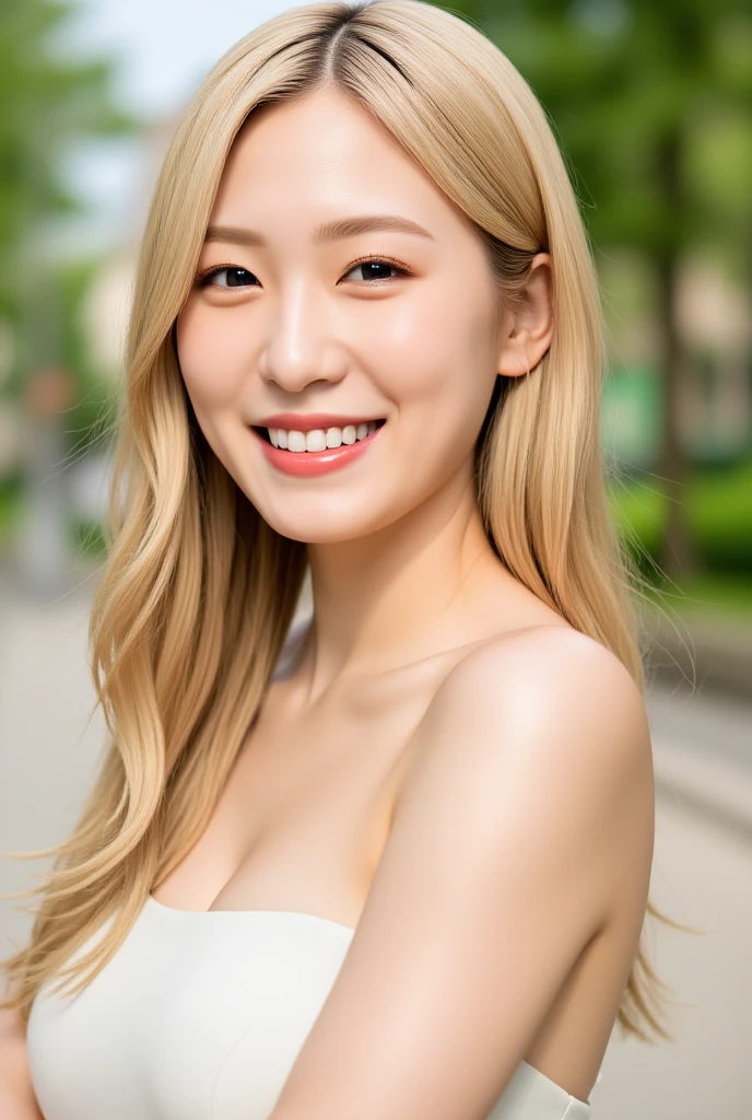 (top-quality、8K、​masterpiece)、1 girl in、beautfull Japanease woman、thin-waist、Beautiful Women in Perfect Style：1.4、Colossal tits:1.3、finerly detailed face、A smile、a blond、makeup、sexy dress、full body Esbian、a gorgeous