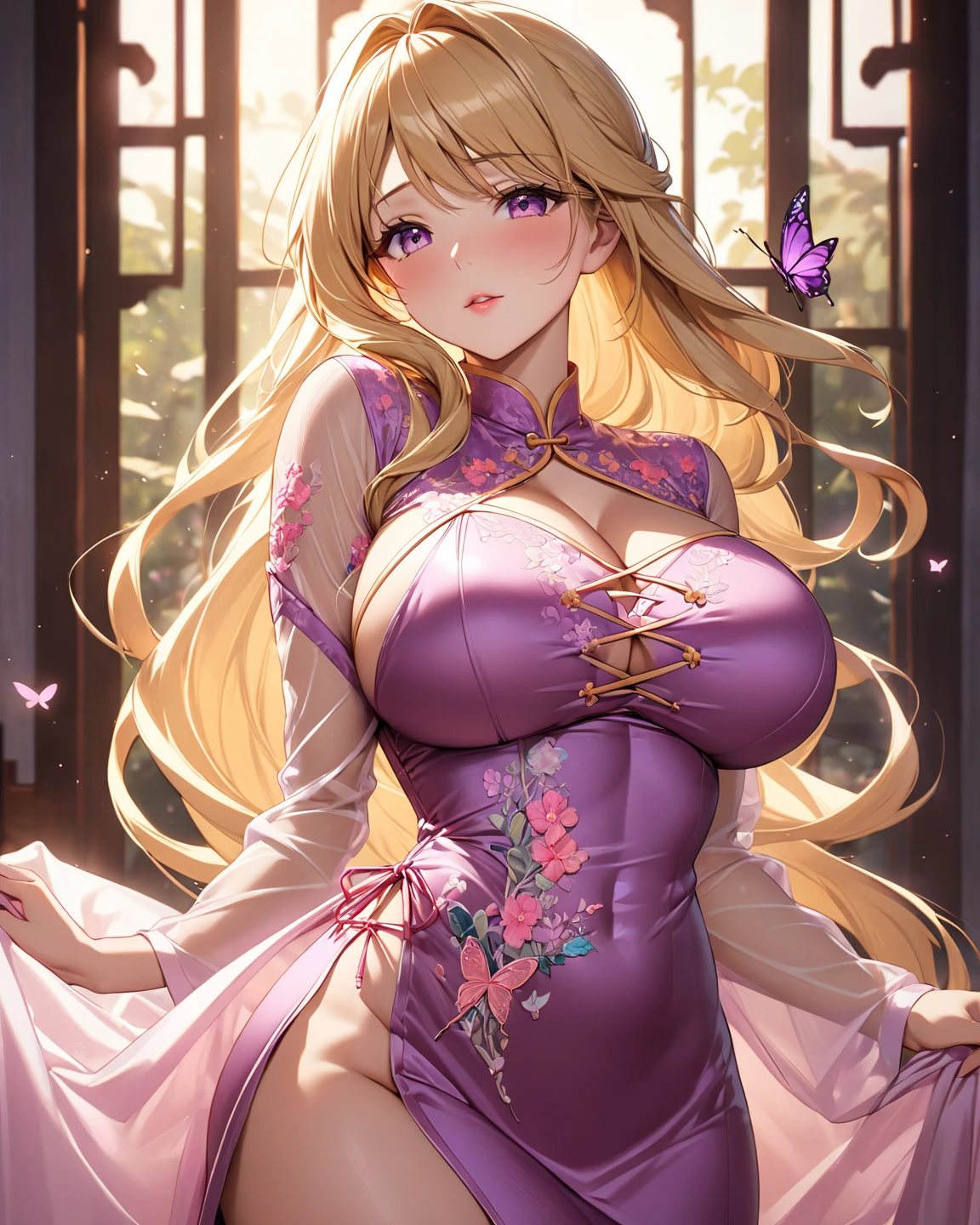 masterpiece, high quality, 4K, Beautiful design, silhouette,blonde, 非常に詳細な夜のStarry Sky,Flower Field, wonderful, Finer details, Very knowledgeable woman, Highly detailed solo, 1 female,Big Breasts, dress,Night view,Starry Sky,full moon,