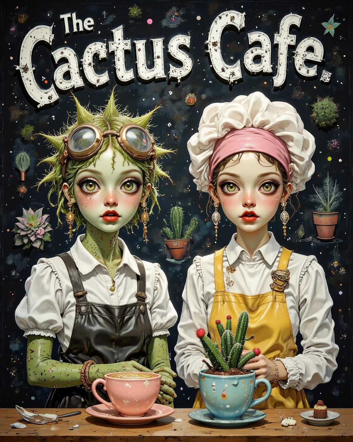 painting of (Jennifer Lawrence:1.1) in (a female art student's apartment:1.13), (symmetric highly detailed eyes, fantastic eyes, intricate eyes:1.1), wearing a black silk dress with a design of (bones:1.29), holding a plate of pancakes , berries, octopus, surgical supplies, skull, scientific glassware, art materials, candle dripping white wax, berry juice drips, neo-expressionist style, candles, art by Jean-Michel Basquiat