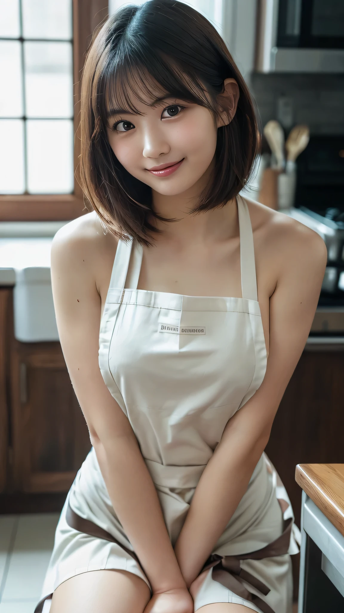 top-quality、masterpiece、超A high resolution、(realisitic:1.4)、Beautuful Women1、Beautiful detail eyes and skin、smile、Light brown short-cut hair, She is Wearing a apron and no panties posing for a photo, gorgeous chinese model, photo of slim girl model, IG-Modell, beautiful female model, on the kitchen, wearing apron,