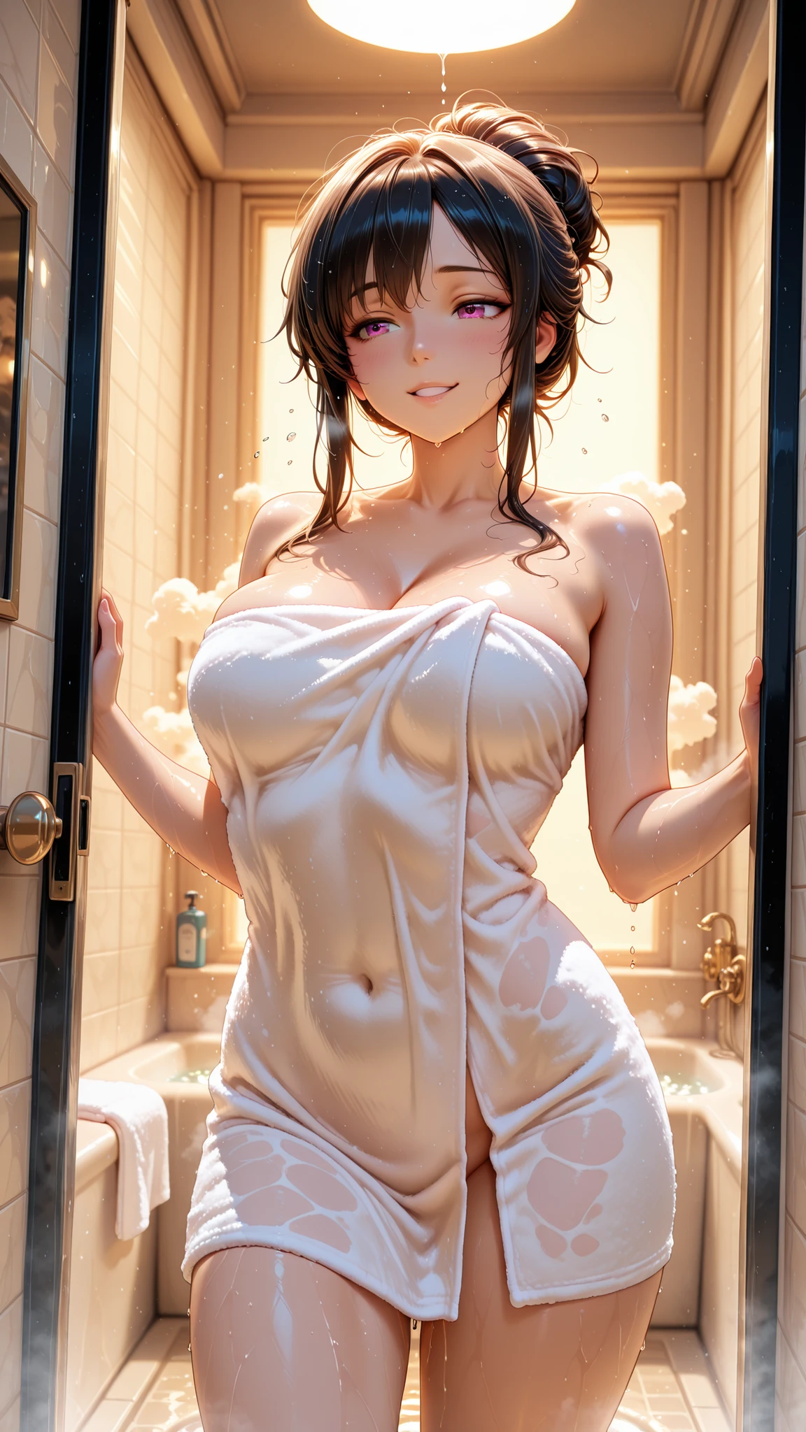 ultimate image quality, Perfect Depiction, Woman after shower, big bath towel, 's enchanting expression, Dripping Drops, smooth skin, Moist air feeling , warm lighting effects