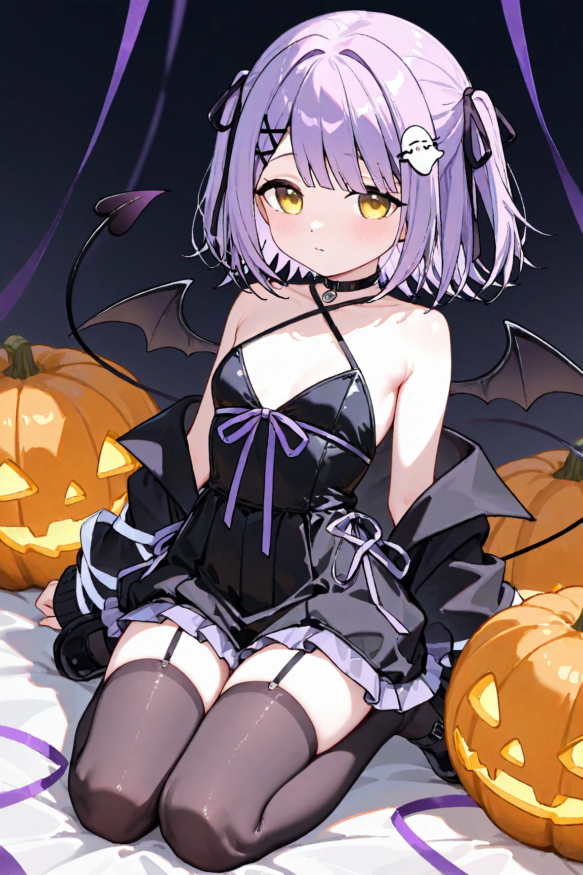 The ultra -The high-definition、high-level image quality、top-quality、Full feet and hands、complete fingers、Slender beautiful woman、1 persons、Halloween Cosplay、Vampire、Pink School Swimsuit、Bery short hair、Black stockings、Halloween Party