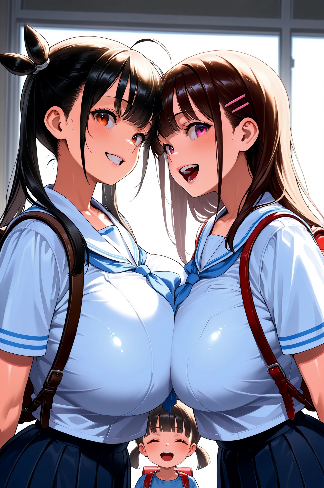 2heads, a tall chubby woman with 2 heads. In the crowd at a music festival. Wearing unbuttoned blouse with bra underneath, wearing jeans. Mature, hippie, stoner, girlfriend. Huge thighs, wide hips, thin waist. Huge butt. Tall. Hippie outfit. Messy hair. Smiling. Blushing. Seductive. Thick eyeliner. Eyeshadow. Gently touching breasts. Freckles, many freckles. Covered in freckles. Close up, intimate. Freckles all over body, freckles on breasts.