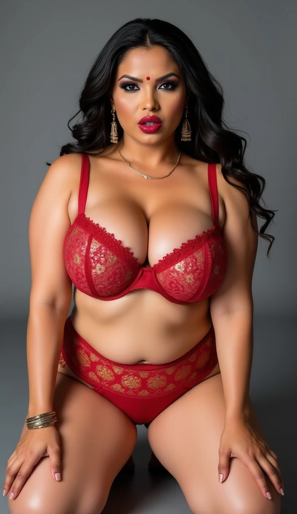 Indian Milf, fair complexion , beautiful face cut, curvy body, red lingerie, NSFW:1.2, showing cleavage and deep navel,