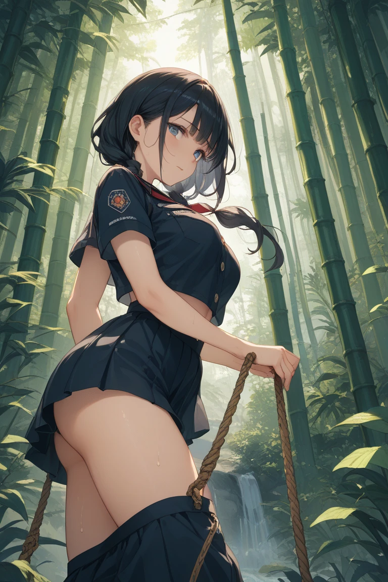 1girl, tan skin, tan, tan-skinned female, from behind, ass, ass focus, thong, panties, jacket, smile, smirk, smug, breasts, huge ass, thick thighs, mature female, black hair, very short hair, yellow eyes, forest, black jacket, ((black jacket)), hooded jacket, belt, military hat, cap, gloves, highleg, gun, highleg thong, black thong, tomboy, pixie cut, thighhighs, black thighhighs, ((highleg)), military jacket, female only, solo