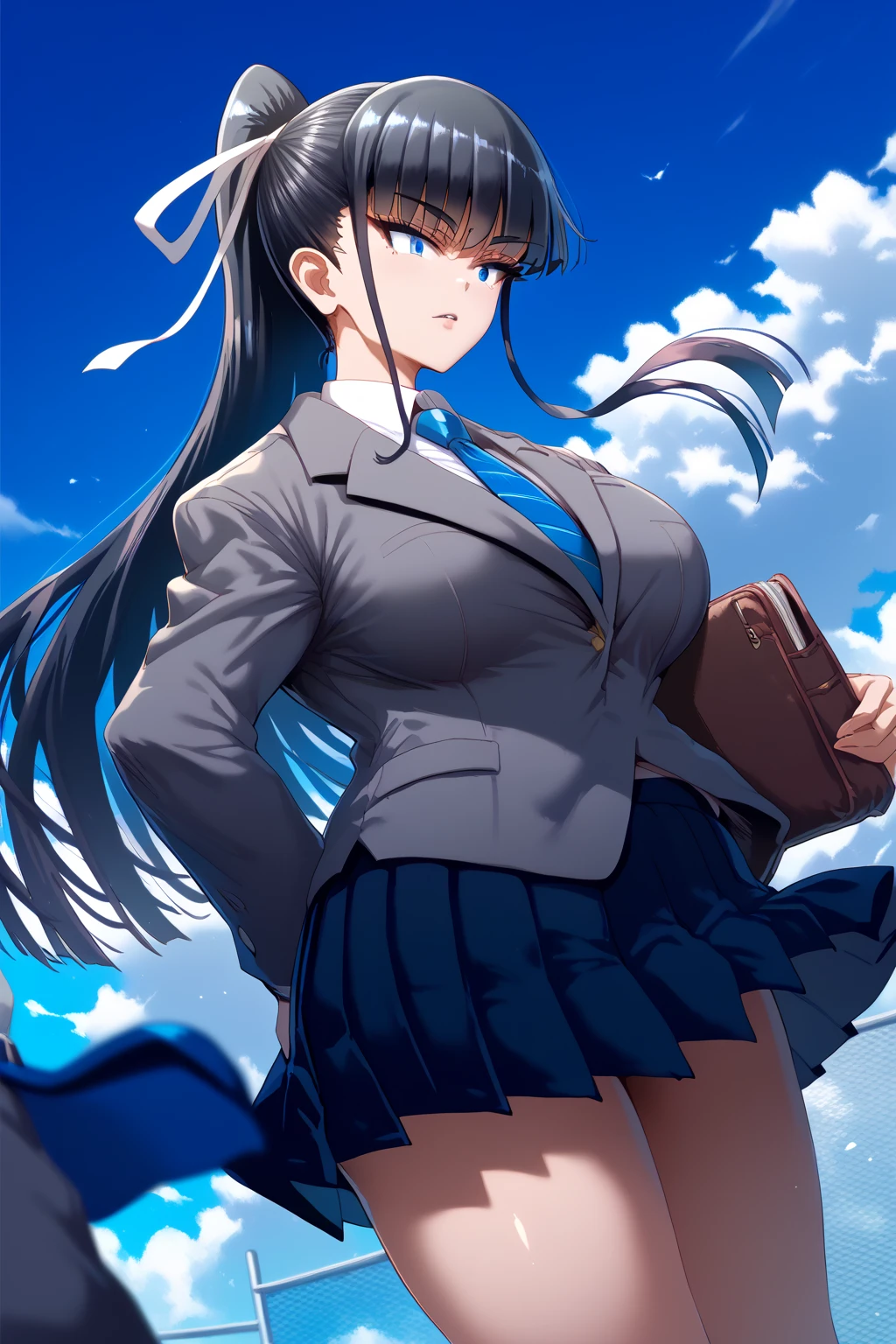 Minakata Hizuru, wearing default outfit, default hair, black hair, wearing suits, farting, massive fart, yellow smoke, fart from ass, blush