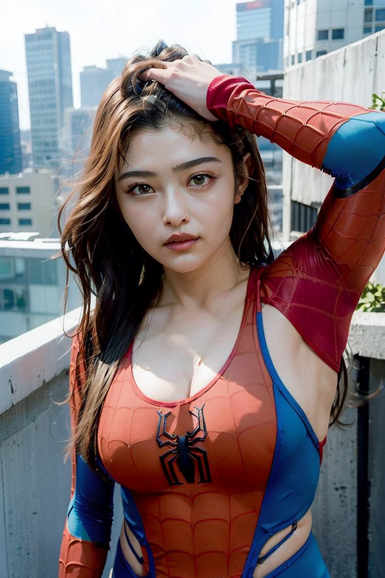 (the concept of bathing together with your lover), (Spiderman's first kiss with a girl), perfect face, hyper realistic face, hyper realistic eye, perfect eye, eye reflection, realistic lips, (hyper realistic photo:2), (best photo quality:2), A pair of lovers, a man (spiderman/handsome man) and a female (((perfect beauty Asian woman, normal sexy dressed girl, heavy big breasts, heavy huge breasts, realistic body, realistic face, perfect face, very wet body, the girl had a sighing expression))). are bathing together in a small, rickety hut in the forest, they are soaking wet, fully clothed, not naked, they are both wet, female wearing a sexy dress made of water, portrait of a photo, absolutely outstanding image, water fairy. Asian woman and male spiderman., unbutoned woman, a man wearing a spiderman custom cosplay., female student wearing normal sexy dress., male superhero spiderman, splashing, ((drenched)), ((soaked)), sultry, beckoning to viewer, water dripping, oil drenched clothes, 16k, alluring, (((heavy wet body))), see through, bright sunshine, sunny day, depth of field, close up, ((UHD)), highly resolution, expert photography, photo images are very clear, (ordinary girl take a shower with the spiderman, marvel)