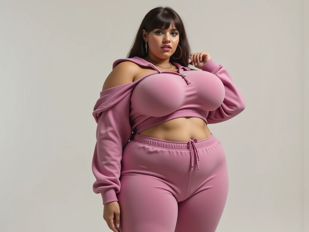  yet curvy witch with a belly button piercing. She has slightly droopy eyes, thick straight eyebrows, a straight medium-width nose, and full, slightly downturned lips giving her a serious expression. Her skin is light and smooth, with a soft jawline. She's wearing pink low-rise gym shorts that reveal her hip bones, paired with a short pink hoodie. Her dark hair is tied in a ponytail, and she has fake eyelashes. The overall look should be provocative and alluring, emphasizing her thicc figure and exposed midriff.