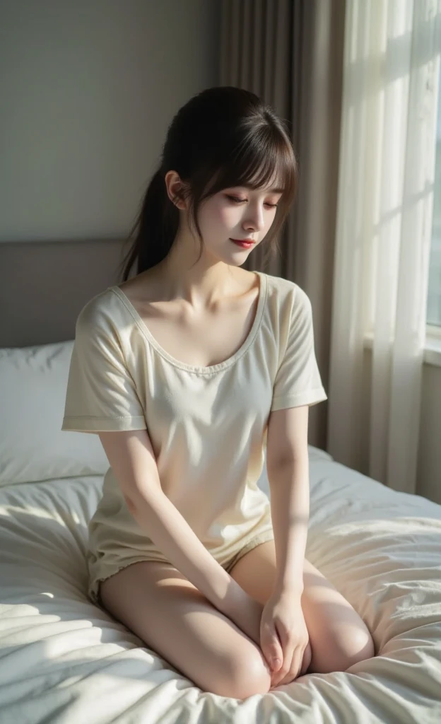 In underwear、Wearing a T-shirt dress、Transparent white skin、G Cup、Japanese women、Sitting