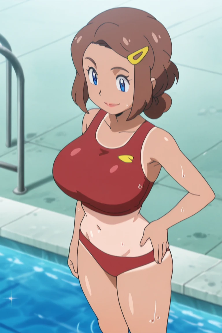 masterpiece, best quality, highres, outdoors, 1girl, solo, may (pokemon), bandana, red shirt, bare shoulders, pregnant, embarazada, vientre de embarazo, barriga de embarazada. Bikini, microbikini, micro bikini, bikini rojo, embarazada, barriga de embarazada, sonrisa, sonrisa timida, mirada tranquila, piscina, pool, piscina.