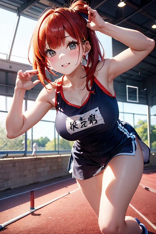 (Original Character、Unity 16K Wallpaper, Masterpiece, Best Quality, Ultra-Detailed, Extremely Detailed CG, Caustics, Cinematic Lighting, Detailed, Beautiful Detailed Eyes, solo), Ultra High Resolution, fine skin, (track and field:1.2) 、(strong light)、oily skin,smile , from front:1.2、(sexy women)、Arena、full body shot、separate、racing bloomers、show off belly,show off neck,sunny day、cowboy shot,red hair、sit on the bench,open legs,pixie cut,blush angry