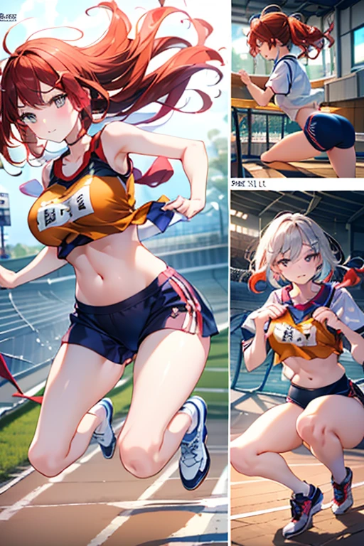((highest quality)), ((masterpiece)), (detailed), (Character Focus、breast focus,whole body), (One Girl: 1.1)、Anime 2D Rendering, Realistic young anime woman, Five Fingers, Perfect Face, Beautiful fine details, Beautiful body, Beautiful thighs, Beautiful feet, White beautiful skin, Baby Face、 16-year-old girl、 Golden Hair、(ponytail), Sparkling blue eyes、double eyelid、 ((Racing Bra、Racing Bloomers))、 smile、((Grin))、可愛い顔と魅惑的なsmile，Turn your face and body towards the viewer、Sexy pose、Are standing、Athletics Stadium