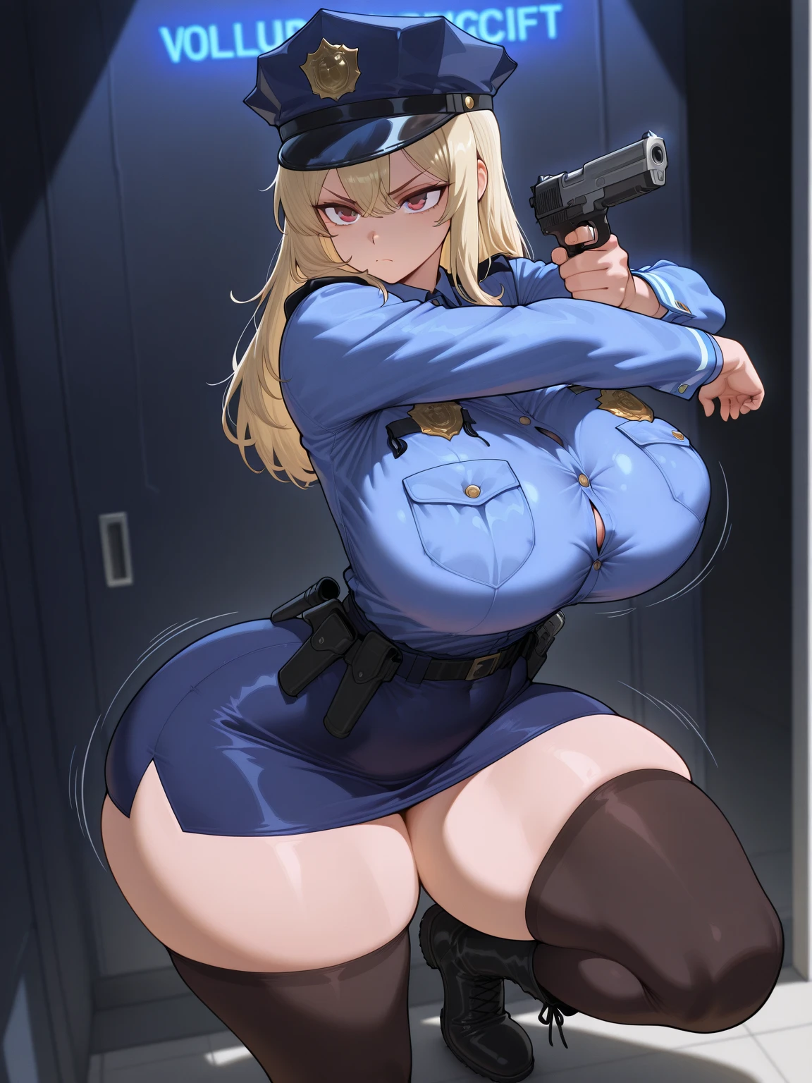 Police girl holding a gun with both hands pointing up, corpo coberto de tinta escorrendo pelos seios e vagina, em uma cena de crime com o corpo coberto de tinta branca, roupas rasgadas, seios enormes cheios de tinta branca, vagina molhada, vagina cheia de tinta, agachada na cena, ofegante, cansada,