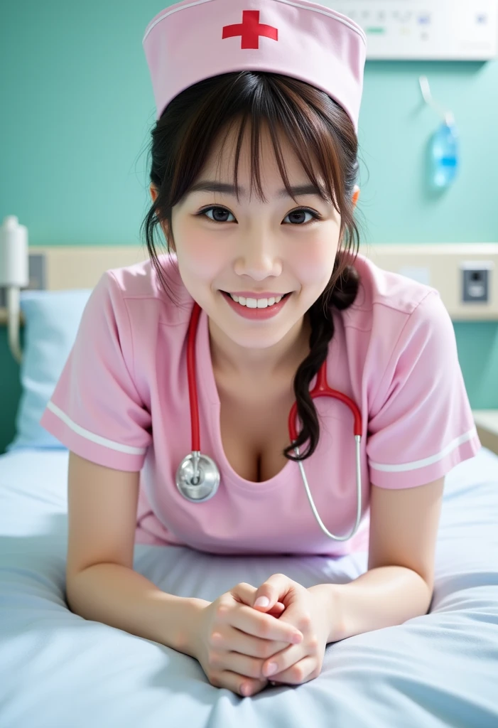 (masterpiece:1.2), super high quality, japanese girl, 1 girl, slender body, (18-year-old), smiling, sunshine, thighs, nurse uniform, on a hospital bed, 
