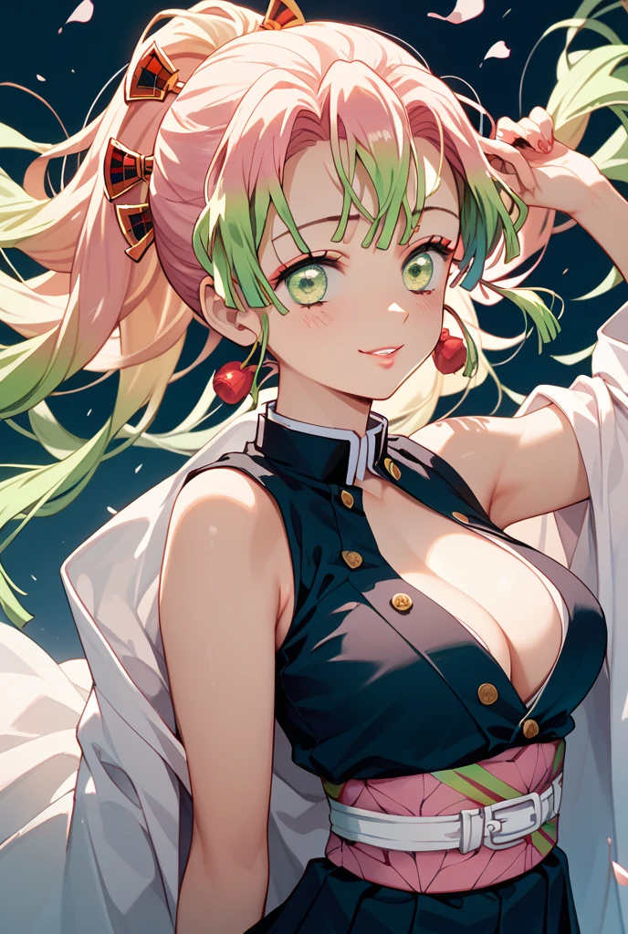 Style 9,1 woman, laying on bed, bedroom, Mitsuri from Demon Slayer, multiple colour hair, pink hair, green hair, long twin tails, green eyes, detailed eyes, revealing kimono, big breasts, mature body, culvage, illustration,beautiful background,whole body,high angle shot, Beautiful photography pose,profile,view at viewer, high detailed wallpaper, high quality, masterpiece
