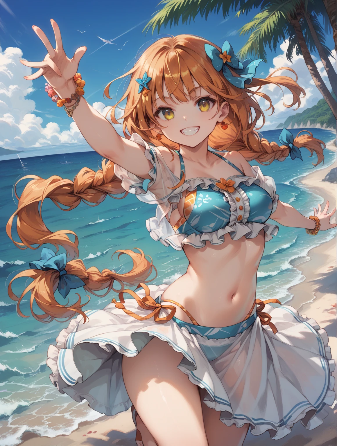 Genki Maiden is full of Genki masterpieces, Best quality, finely detailed, , Bikini: Sea, Waves, beach, Beautiful sunshine