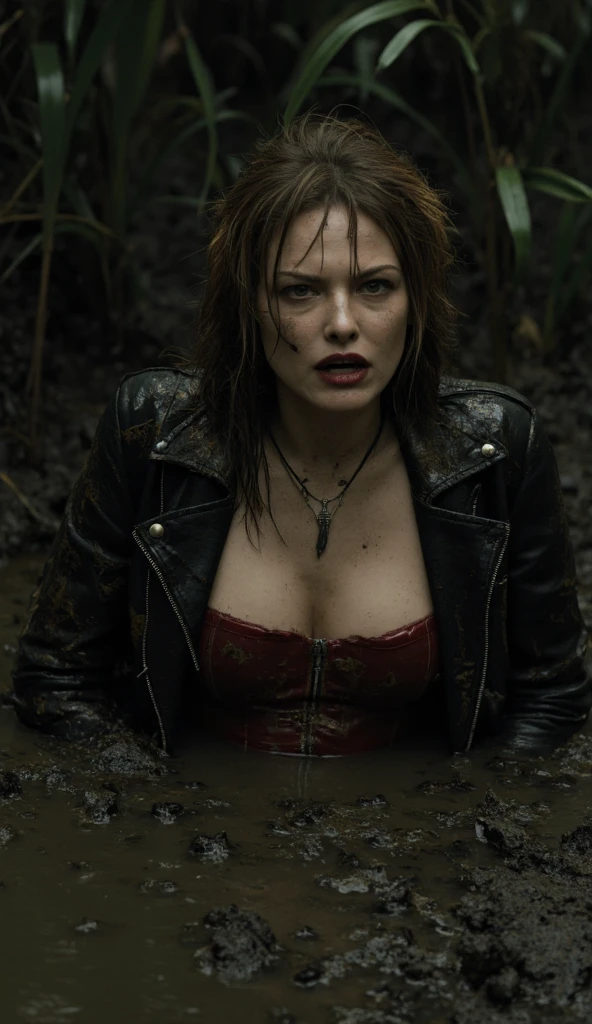 terrified cleavage Carla Gugino wearing a jungle-green shirt and tank top carrying a torch in creepy blue lighting in abandoned sci fi lab tunnel, muddy ground, nighttime, clear white skin, wet and muddy, scratches everywhere, face dirty photography, natural light, photorealism, cinematic rendering, ray tracing, the highest quality, the highest detail, Cinematic, Third-Person View, Blur Effect, Long Exposure, 8K, Ultra-HD, Natural Lighting, Moody Lighting, Cinematic Lighting Hide