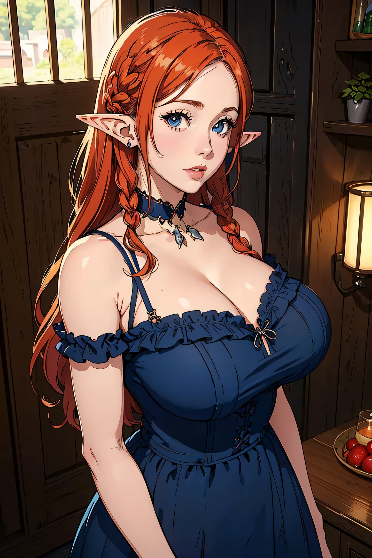 Cute Farmgirl with Braids. ((red haired woman,mature adult woman, Mature MILF face, long hair, pointy ears, elf ear)), Perfectly round face. Beautiful cute face, Big beautiful voluptuous lips, charming beauty, ((gentle expression on your face)), ((Beautiful Big, blue detailed eyes)), Waist slender, Broad Hips ((Dark blue dress with ruffles, mature adult woman, adult milf face, modest dress, very high neckline)) (highy detailed)),offcial art, Award-winning digital painting, digital illustration, extreme detail, 4K, ultra HD, Rococo, polished, Intricate, realistic fantasy art, sharp focus, conceptual artwork, arte por WLOP, artgerm, (2D vector illustration) Light, airy, hourglass figure. ellie bamber
