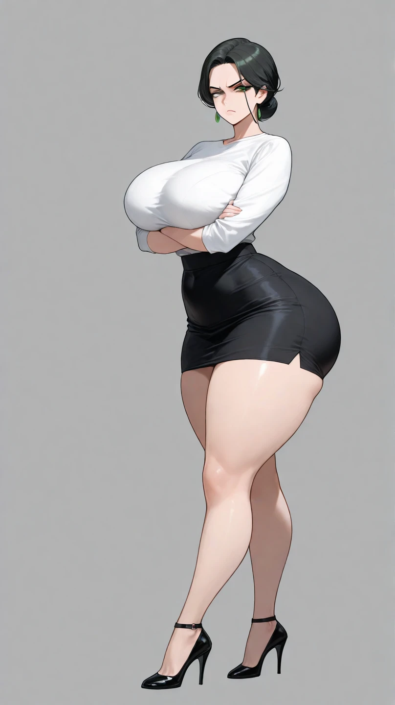 A woman,White short hair,Black eyes,Cow sports shorts,Bikini,Long legs,Nipple protrusion,Twenties,exposed,Sneakers,Huge breasts,超级Huge breasts,Standing
