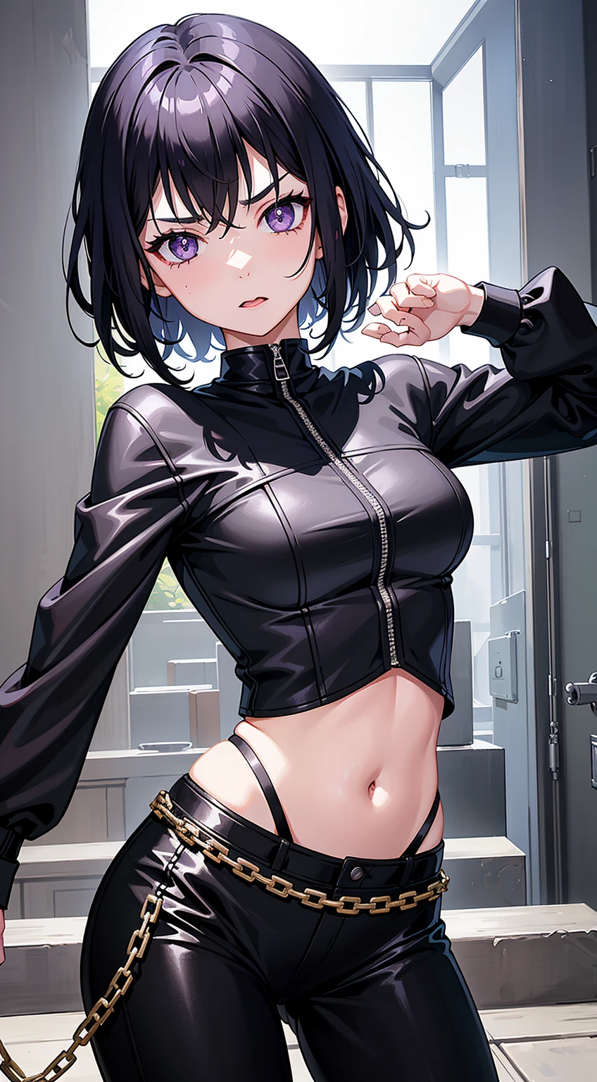 a sexy girl,Shizuku Murasaki, hxh, black hair, short hair ,short-layered black hair with, black glasses, black longsleeve, blue jeans, big eyes, golden cross pendant, spider tattoo on abdomen