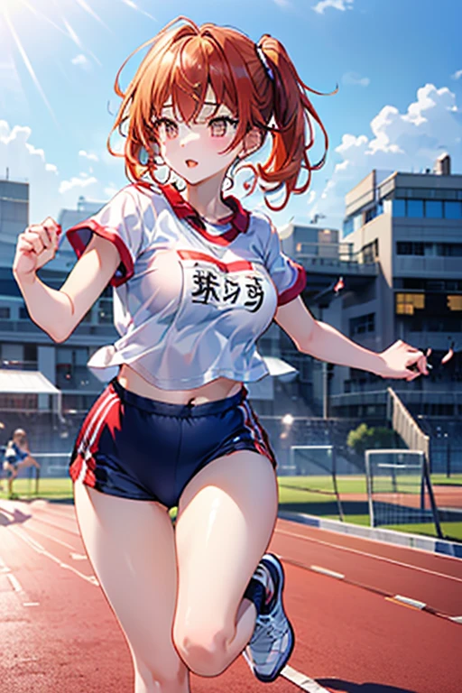 RAW Photos, Highest quality, High resolution, Very detailed、 8K image quality、、Gym suit、Bloomers、playground、Nipples are visible、Run on the track