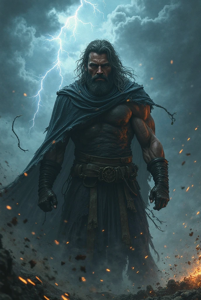 Thor body with full of lightning effects. Put background a three letter text "MRK"