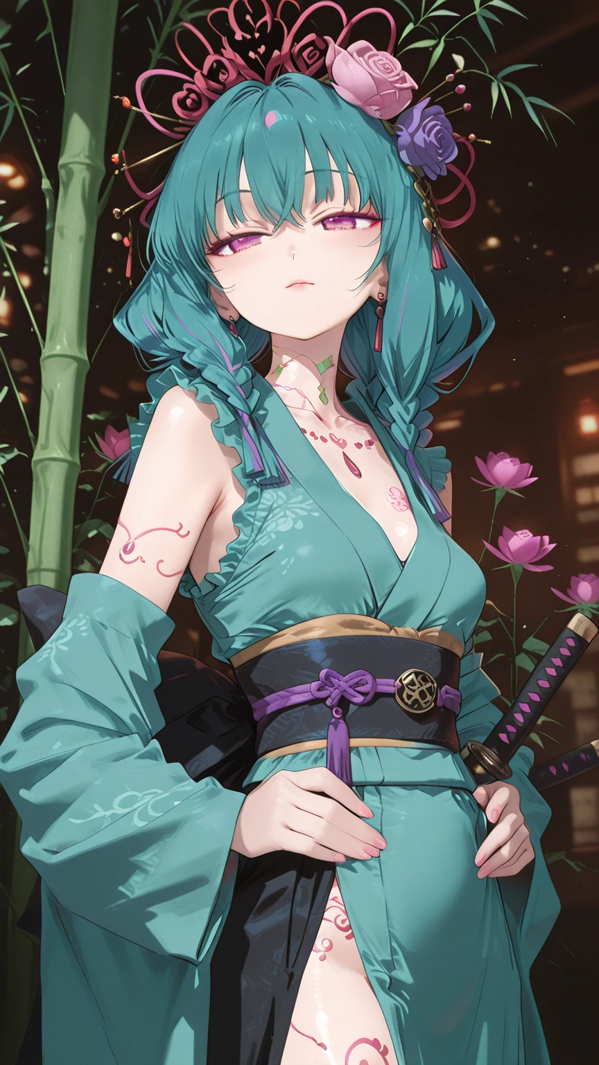 (masutepiece, of the highest quality, Best Quality, Official art, Beautiful and aesthetic:1.2), Extremely detailed,(Colorful:1.1),highest details, one arafed woman with purple hair and green eyes, japanese tattoo sleeve on her right arm, sexy corset, sfw, japanese temple, night, blue moon