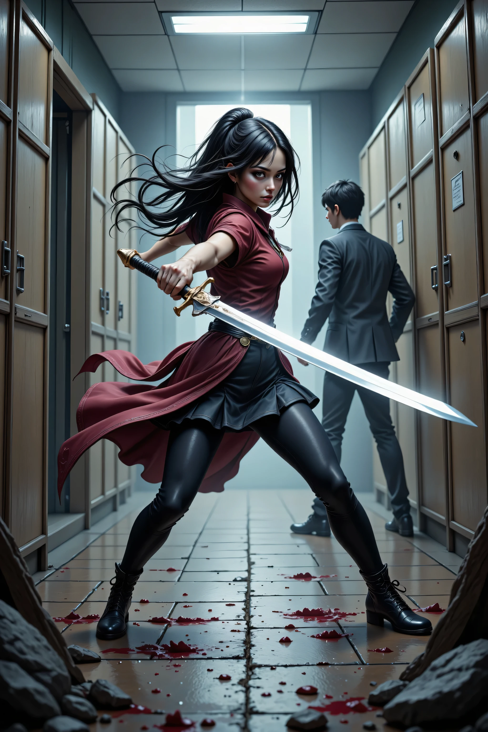 zavy-ctcmcs,w1n,hyp3rd3tail style,3DMM,aidmaMJ6.1, amazing quality, masterpiece, masterpiece, best quality, amazing quality, hyper-detailed a picture of a high school student,  in  a sword fight at school, blood on the floor,  armed with a slim sword, shinning sword, metallic shine, high school uniform, an ultra wide shot, full body, epic beautiful young woman, intense details, Masterpiece, best quality), rich hair, flowing hair,  holding a sword , high school corridor, with lockers and teacher , sense of daring, sense of adventure, high details, best quality, 18k, [ultra detailed], masterpiece, best quality, (extremely detailed), dynamic angle, ultra wide shot, photorealistic, RAW, fantasy art, dnd art,fantasy art, realistic art